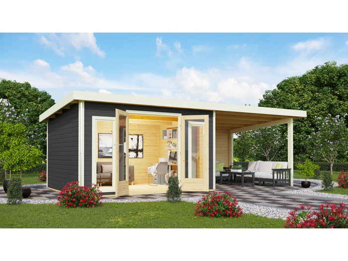 Karibu Gartenhaus Radeburg 2 terragrau mit Anbaudach 3,3 m und Rückwand