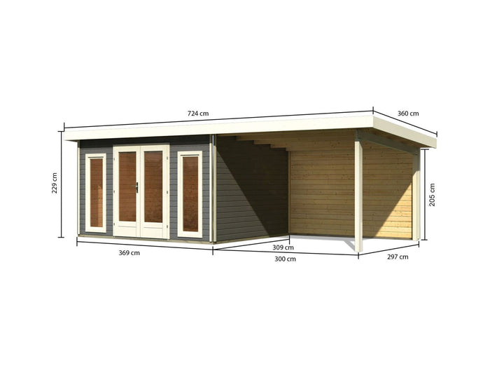 Karibu Gartenhaus Radeburg 2 terragrau mit Anbaudach 3,3 m und Rückwand