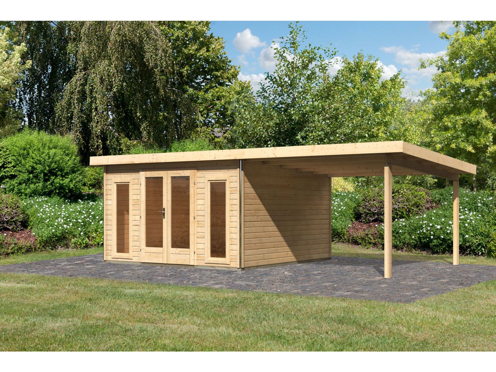 Karibu Gartenhaus Radeburg 3 natur mit Anbaudach 3,3 m