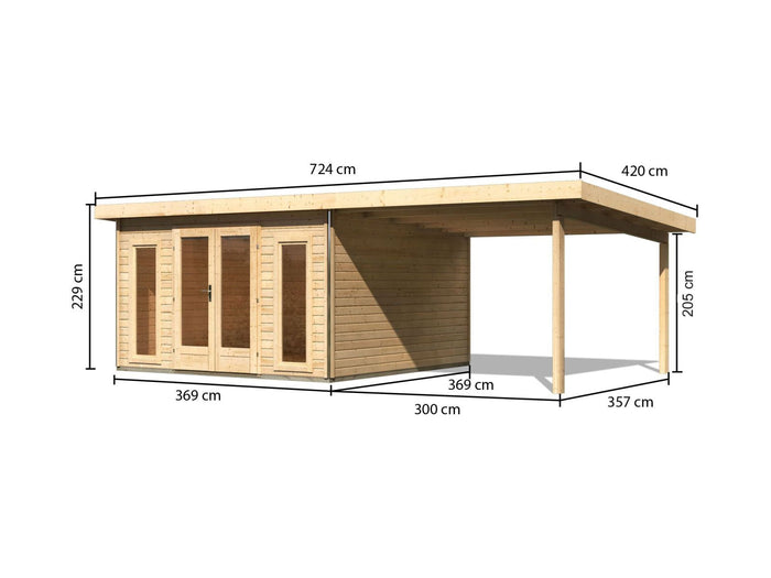 Karibu Gartenhaus Radeburg 3 natur mit Anbaudach 3,3 m