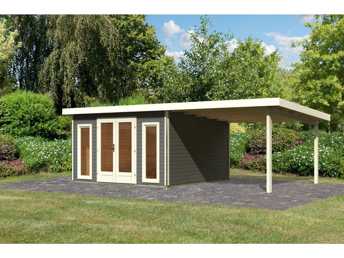 Karibu Gartenhaus Radeburg 3 terragrau mit Anbaudach 3,3 m