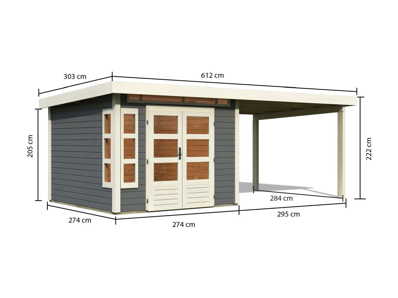 Karibu Gartenhaus Kastorf 6 - 28 mm terragrau mit Anbaudach 3,2 m