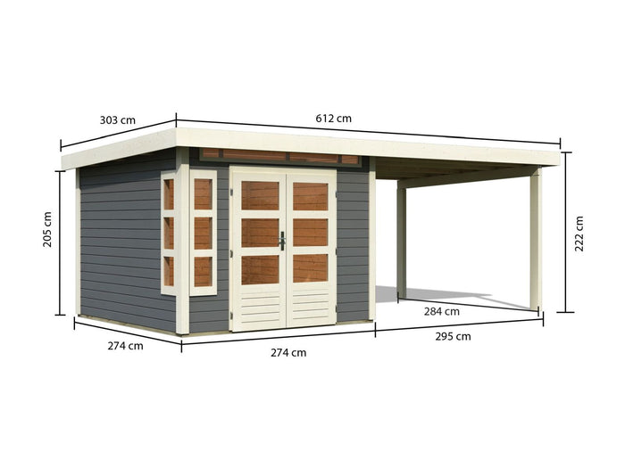 Karibu Gartenhaus Kastorf 6 - 28 mm terragrau mit Anbaudach 3,2 m