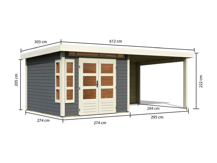 Karibu Gartenhaus Kastorf 6 - terragrau mit Anbaudach 3,2 m und 28 mm Rückwand