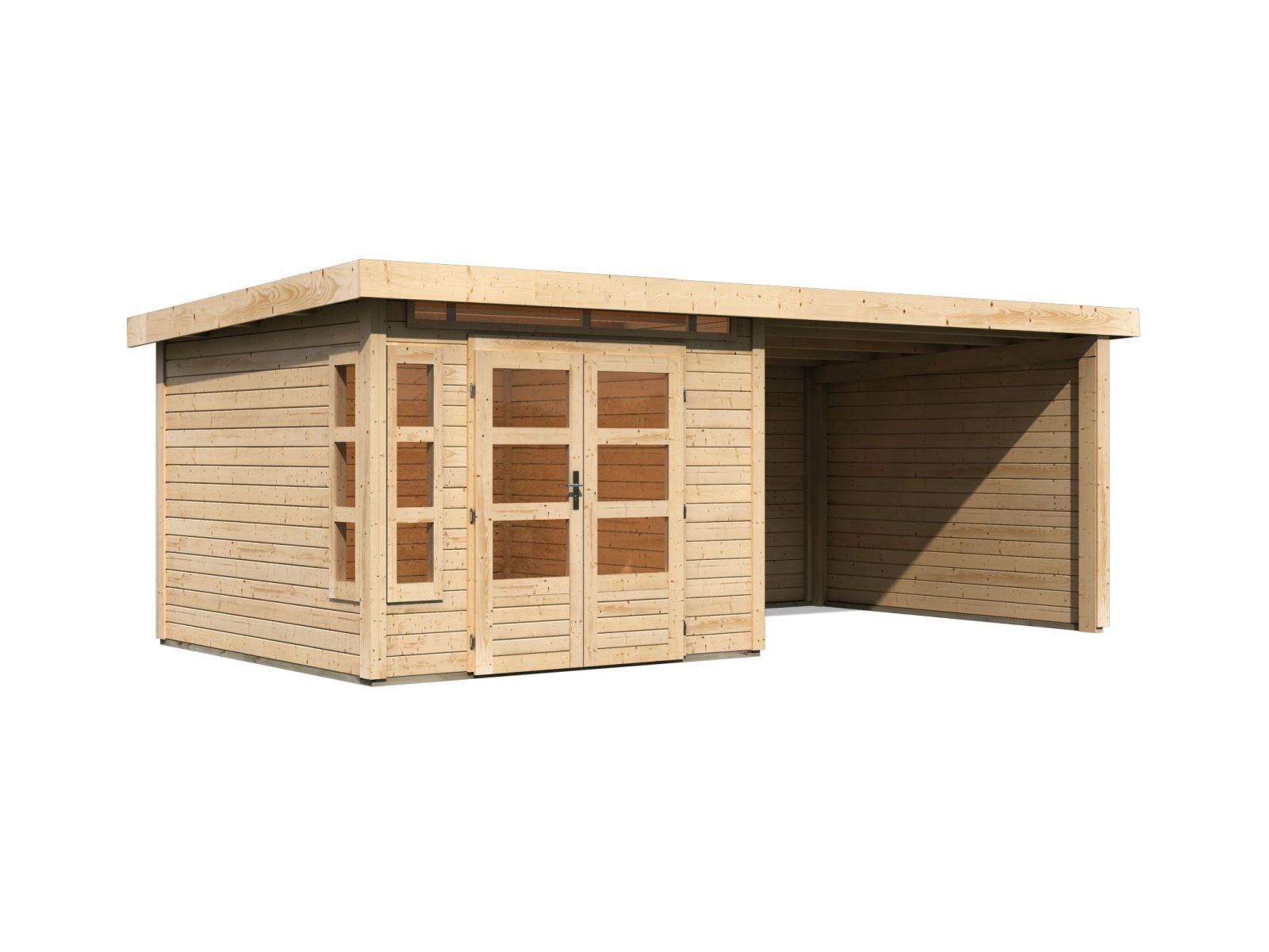 Karibu Gartenhaus Kastorf 6 - natur mit Anbaudach 3,2 m und 28 mm Seiten- und Rückwand
