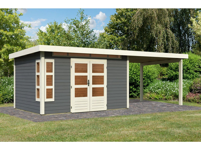 Karibu Gartenhaus Kastorf 7 - terragrau mit Anbaudach 3,2 m