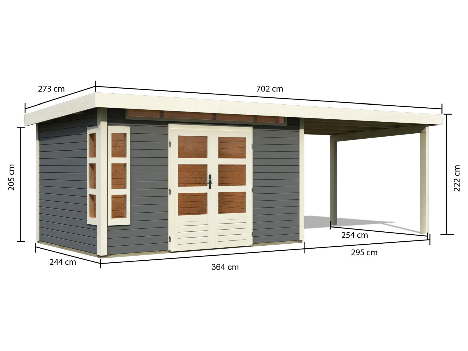 Karibu Gartenhaus Kastorf 7 - terragrau mit Anbaudach 3,2 m