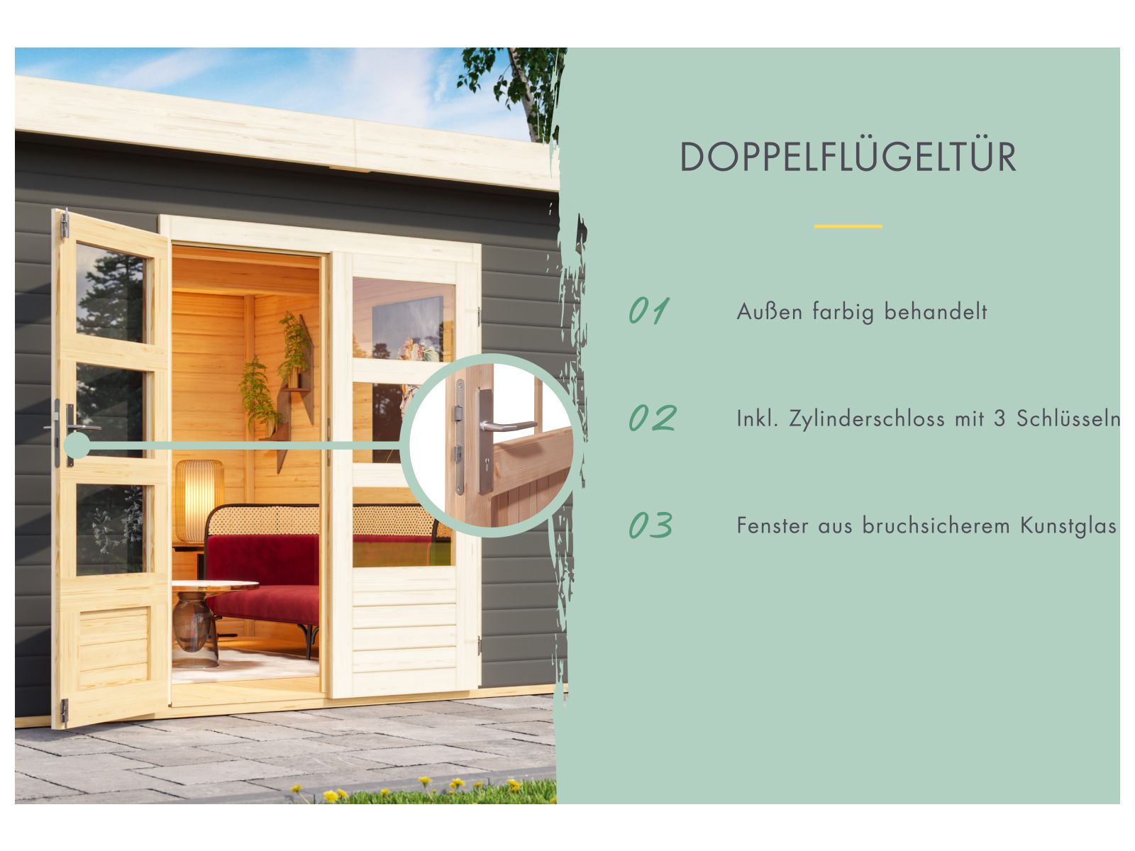 Karibu Gartenhaus Kastorf 7 - terragrau mit Anbaudach 3,2 m