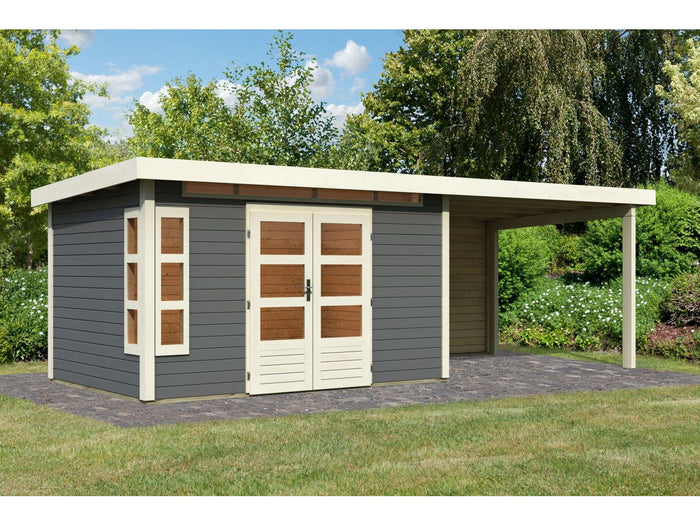Karibu Gartenhaus Kastorf 7 - terragrau mit Anbaudach 3,2 m und 28 mm Rückwand