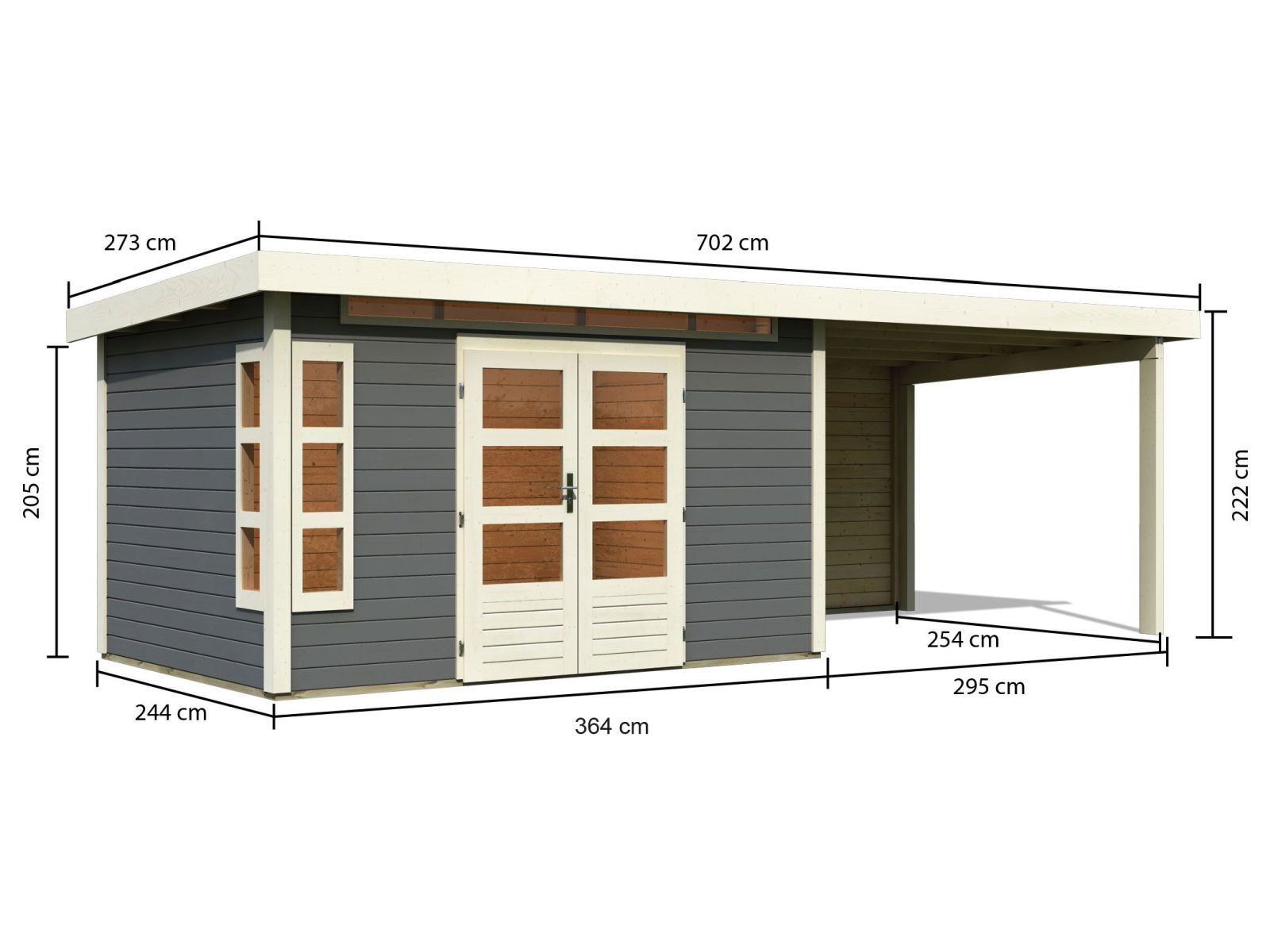 Karibu Gartenhaus Kastorf 7 - terragrau mit Anbaudach 3,2 m und 28 mm Rückwand