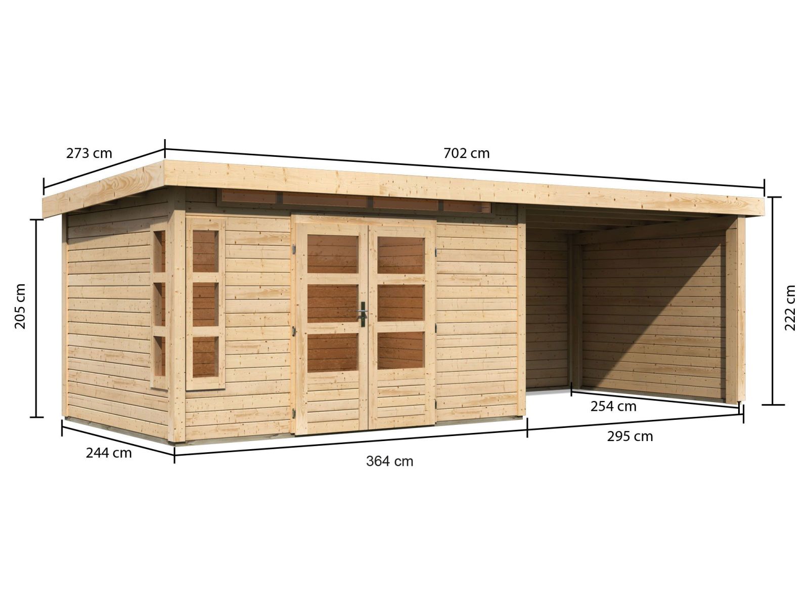 Karibu Gartenhaus Kastorf 7 - natur mit Anbaudach 3,2 m und 28 mm Seiten- und Rückwand
