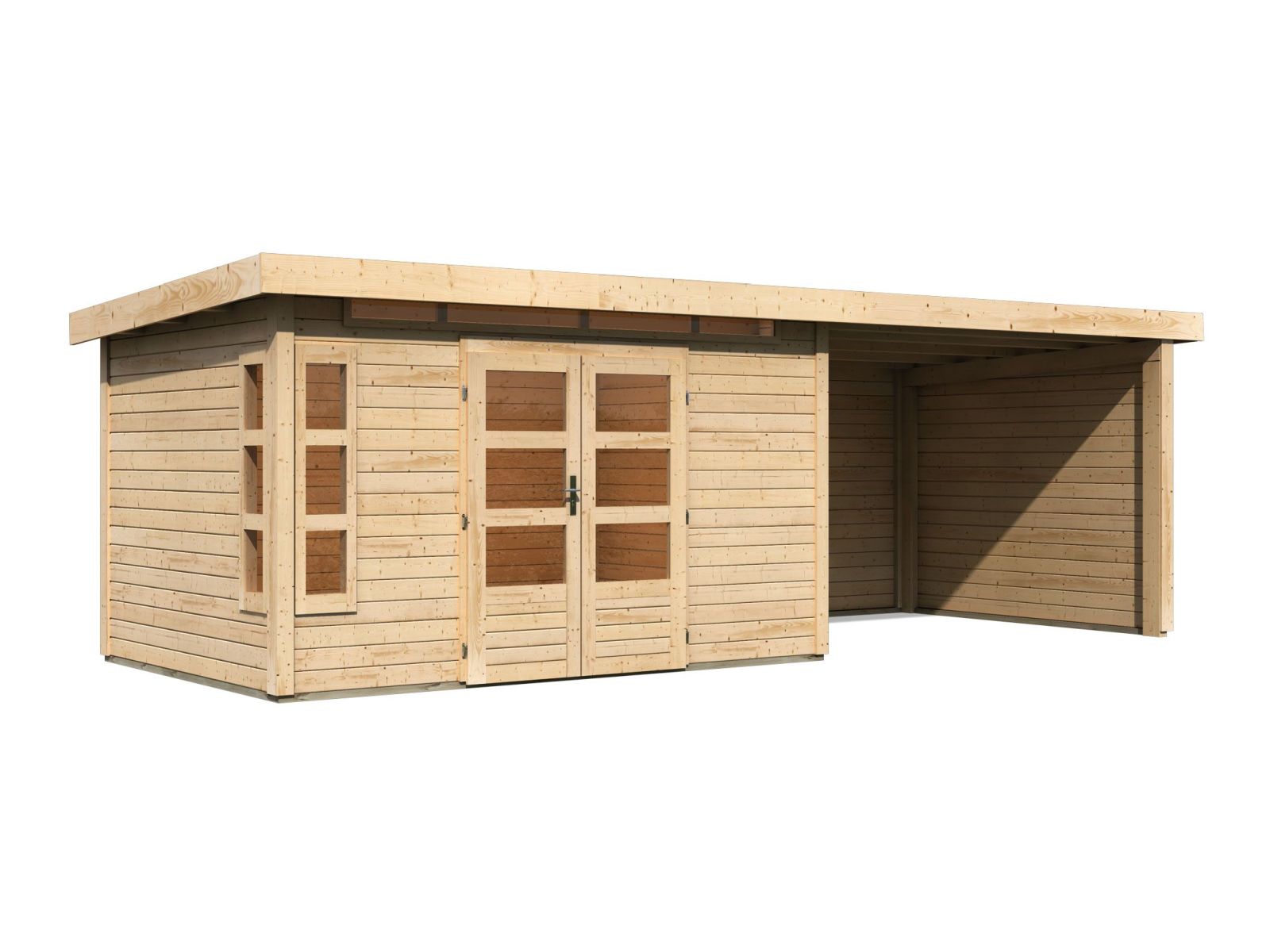 Karibu Gartenhaus Kastorf 7 - natur mit Anbaudach 3,2 m und 28 mm Seiten- und Rückwand