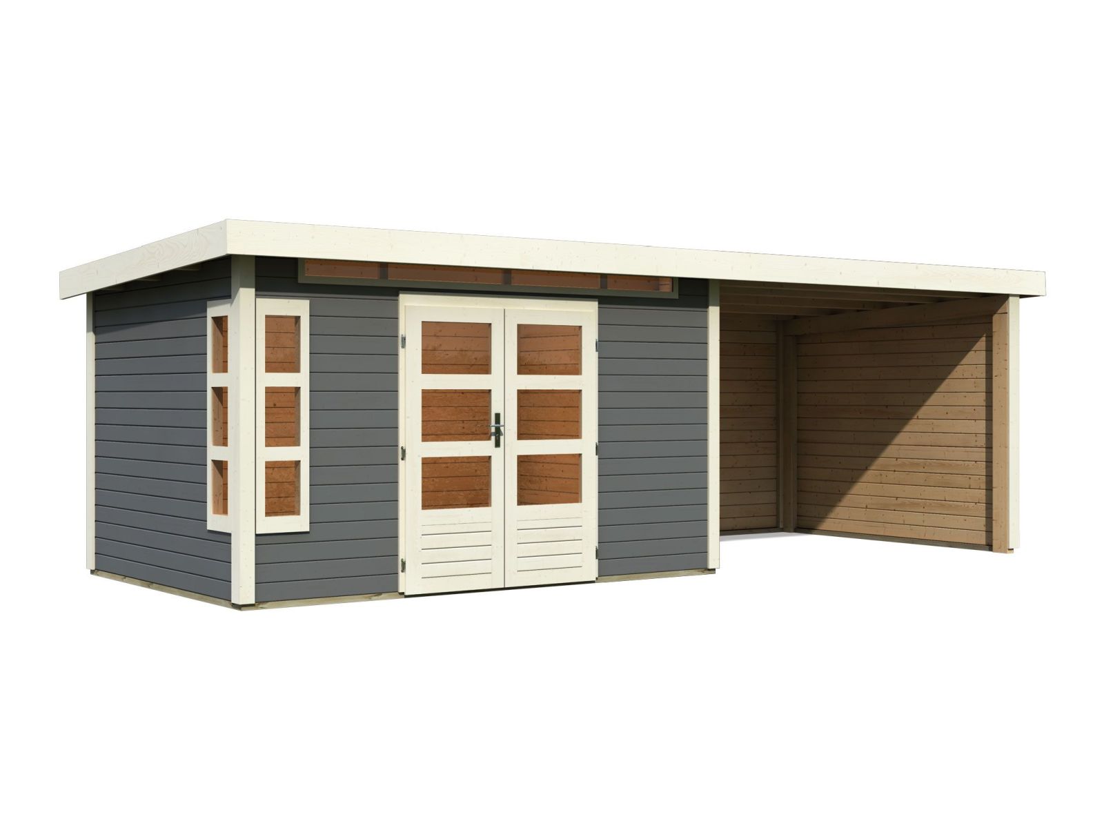 Karibu Gartenhaus Kastorf 7 - terragrau mit Anbaudach 3,2 m und 28 mm Seiten- und Rückwand