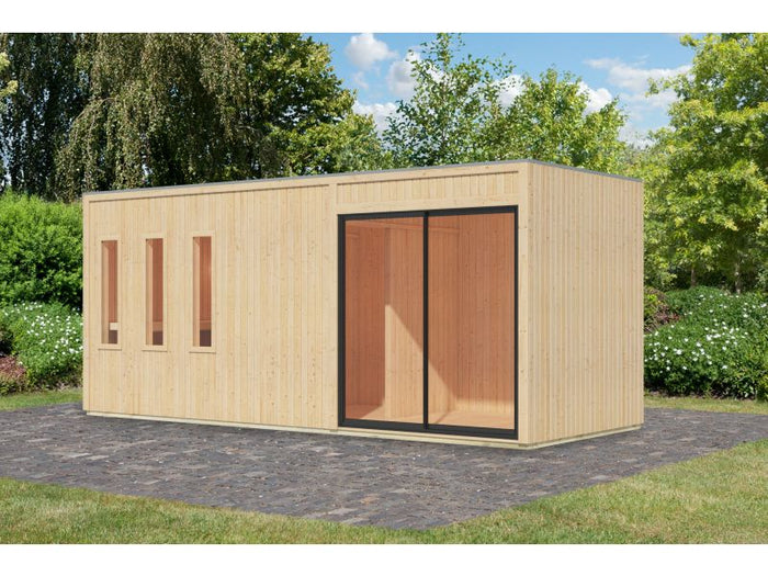 Karibu Saunahaus Monterey, natur, ohne Ofen, inkl. Séparée im Vorraum, 73 mm