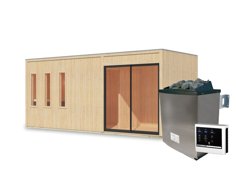 Karibu Saunahaus Monterey, natur, inkl. 9 kW Ofen ext. Steuerung, mit Séparée im Vorraum, 73 mm