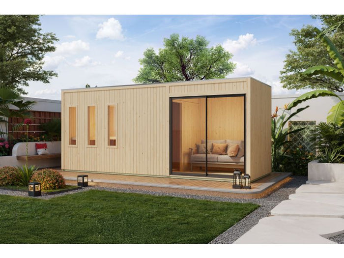 Karibu Saunahaus Monterey, natur, inkl. 9 kW Bioofen ext. Steuerung, mit Séparée im Vorraum, 73 mm