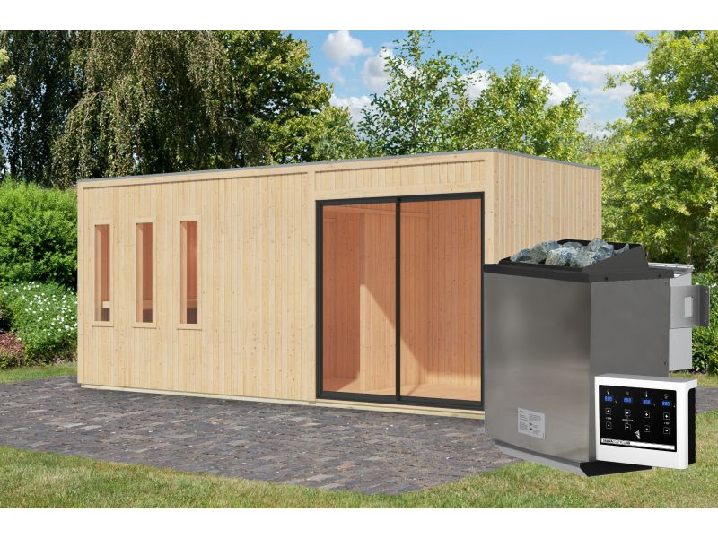Karibu Saunahaus Monterey, natur, inkl. 9 kW Bioofen ext. Steuerung, mit Séparée im Vorraum, 73 mm