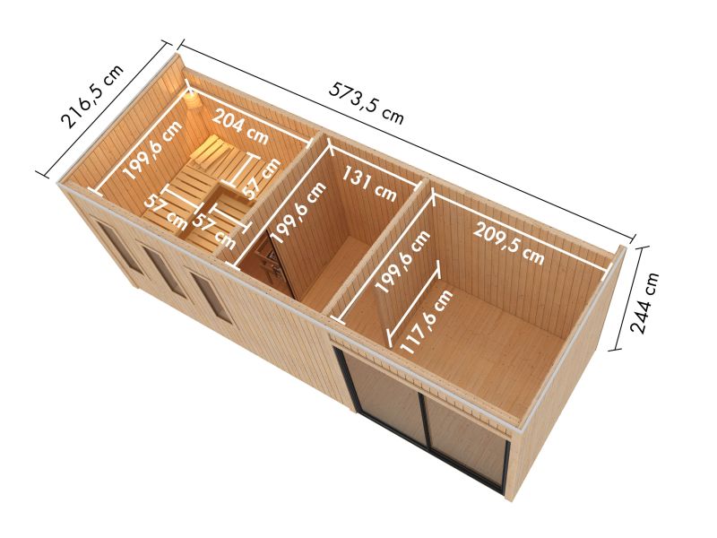Karibu Saunahaus Monterey, natur, inkl. 9 kW Bioofen ext. Steuerung, mit Séparée im Vorraum, 73 mm
