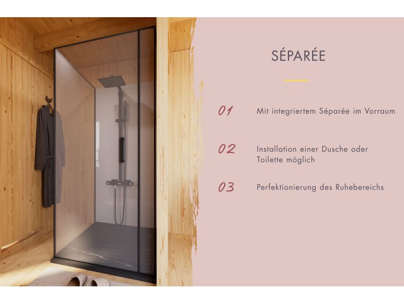 Karibu Saunahaus Monterey, natur, inkl. 9 kW Bioofen ext. Steuerung, mit Séparée im Vorraum, 73 mm