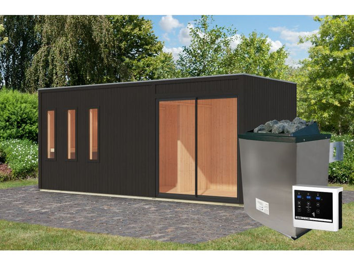 Karibu Saunahaus Monterey, schwarz, inkl. 9 kW Ofen ext. Steuerung, mit Séparée im Vorraum, 73 mm