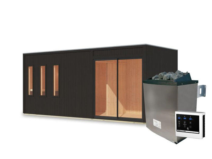 Karibu Saunahaus Monterey, schwarz, inkl. 9 kW Ofen ext. Steuerung, mit Séparée im Vorraum, 73 mm