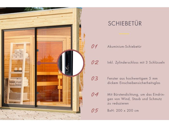 Karibu Saunahaus Monterey, schwarz, inkl. 9 kW Ofen ext. Steuerung, mit Séparée im Vorraum, 73 mm