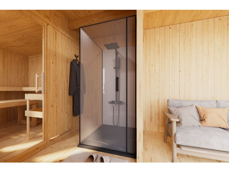 Karibu Saunahaus Monterey, schwarz, inkl. 9 kW Bioofen ext. Steuerung, mit Séparée im Vorraum, 73 mm