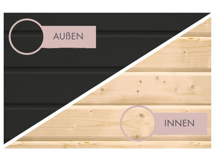 Karibu Saunahaus Monterey, schwarz, inkl. 9 kW Bioofen ext. Steuerung, mit Séparée im Vorraum, 73 mm