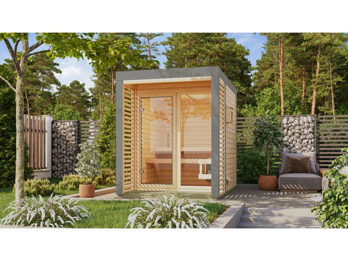 Karibu Hybrid Saunahaus Ares 1, naturbelassen/graualuminium, inkl. 9 kW Ofen ext. Steuerung