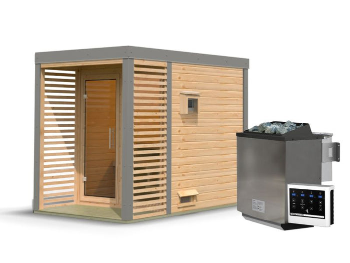 Karibu Hybrid Saunahaus Ares 1, naturbelassen/graualuminium, inkl. 9 kW Bioofen ext. Steuerung