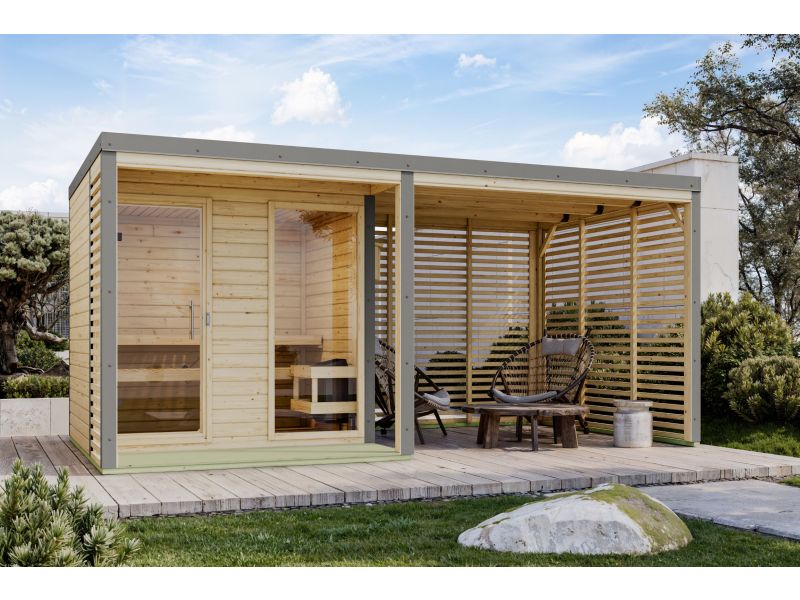 Karibu Hybrid Saunahaus Ares 2, naturbelassen/graualuminium, inkl 9 kW Ofen ext. Steuerung