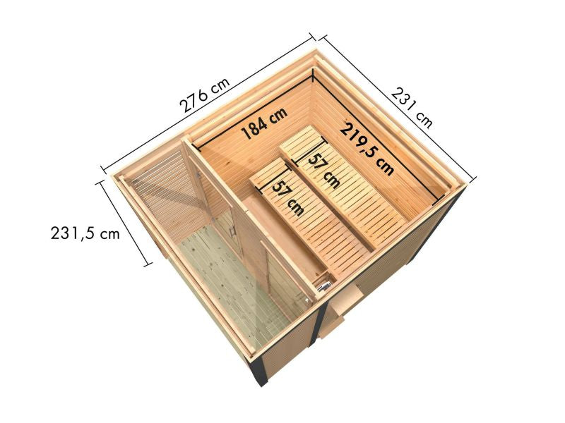 Karibu Hybrid Saunahaus Ares 2, naturbelassen/graualuminium, inkl 9 kW Ofen ext. Steuerung