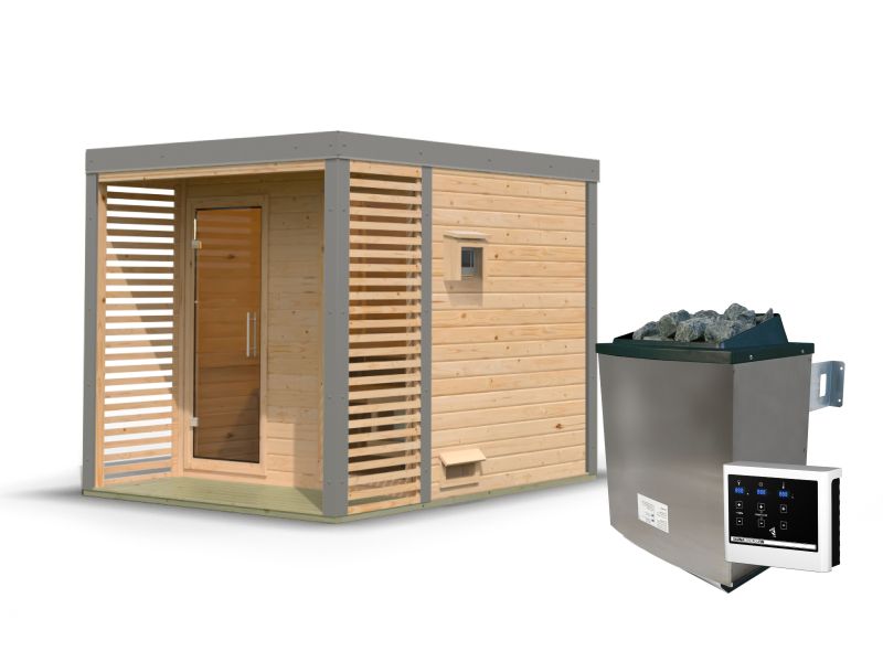 Karibu Hybrid Saunahaus Ares 2, naturbelassen/graualuminium, inkl 9 kW Ofen ext. Steuerung