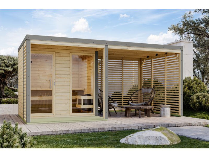 Karibu Hybrid Saunahaus Ares 2, naturbelassen/graualuminium, inkl 9 kW Bioofen ext. Steuerung