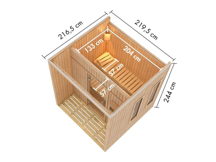 Karibu Saunahaus Arcadia, natur, 73 mm -inkl. 9 kW Ofen ext. Steuerung