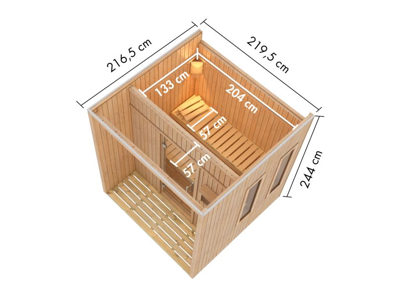 Karibu Saunahaus Arcadia, natur, 73 mm -inkl. 9 kW Bioofen ext. Steuerung