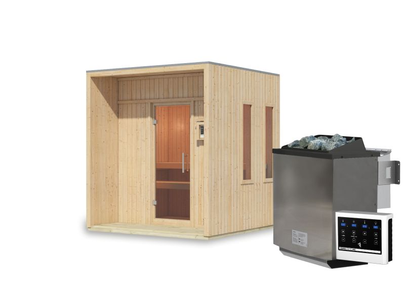 Karibu Saunahaus Arcadia, natur, 73 mm -inkl. 9 kW Bioofen ext. Steuerung