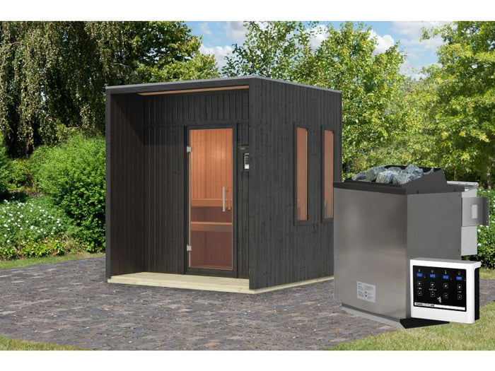 Karibu Saunahaus Arcadia, schwarz, 73 mm -inkl. 9 kW Bioofen ext. Steuerung