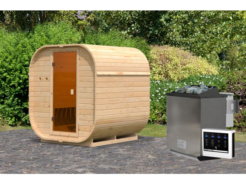 Karibu Fasssauna Quadro 1, inkl. 9 kW Bioofen ext. Steuerung - 38 mm