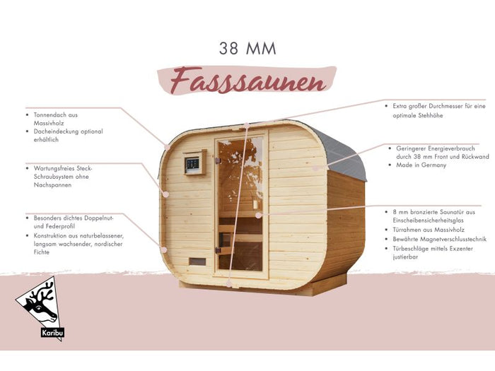 Karibu Fasssauna Quadro 1, inkl. 9 kW Bioofen ext. Steuerung - 38 mm