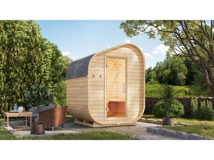 Karibu Fasssauna Asymmetrisch 1, inkl. 9 kW Ofen ext. Steuerung