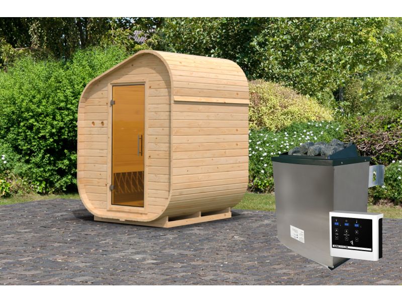 Karibu Fasssauna Asymmetrisch 1, inkl. 9 kW Ofen ext. Steuerung