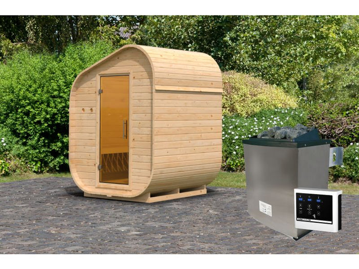 Karibu Fasssauna Asymmetrisch 1, inkl. 9 kW Ofen ext. Steuerung