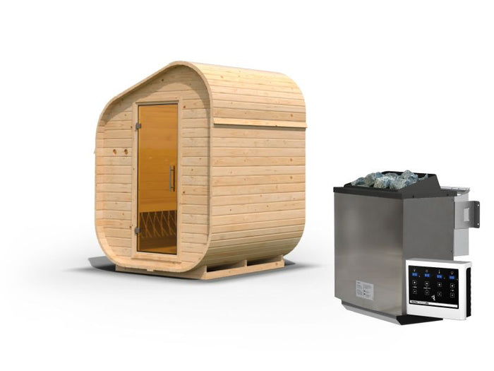 Karibu Fasssauna Asymmetrisch 1, inkl. 9 kW Bioofen ext. Steuerung