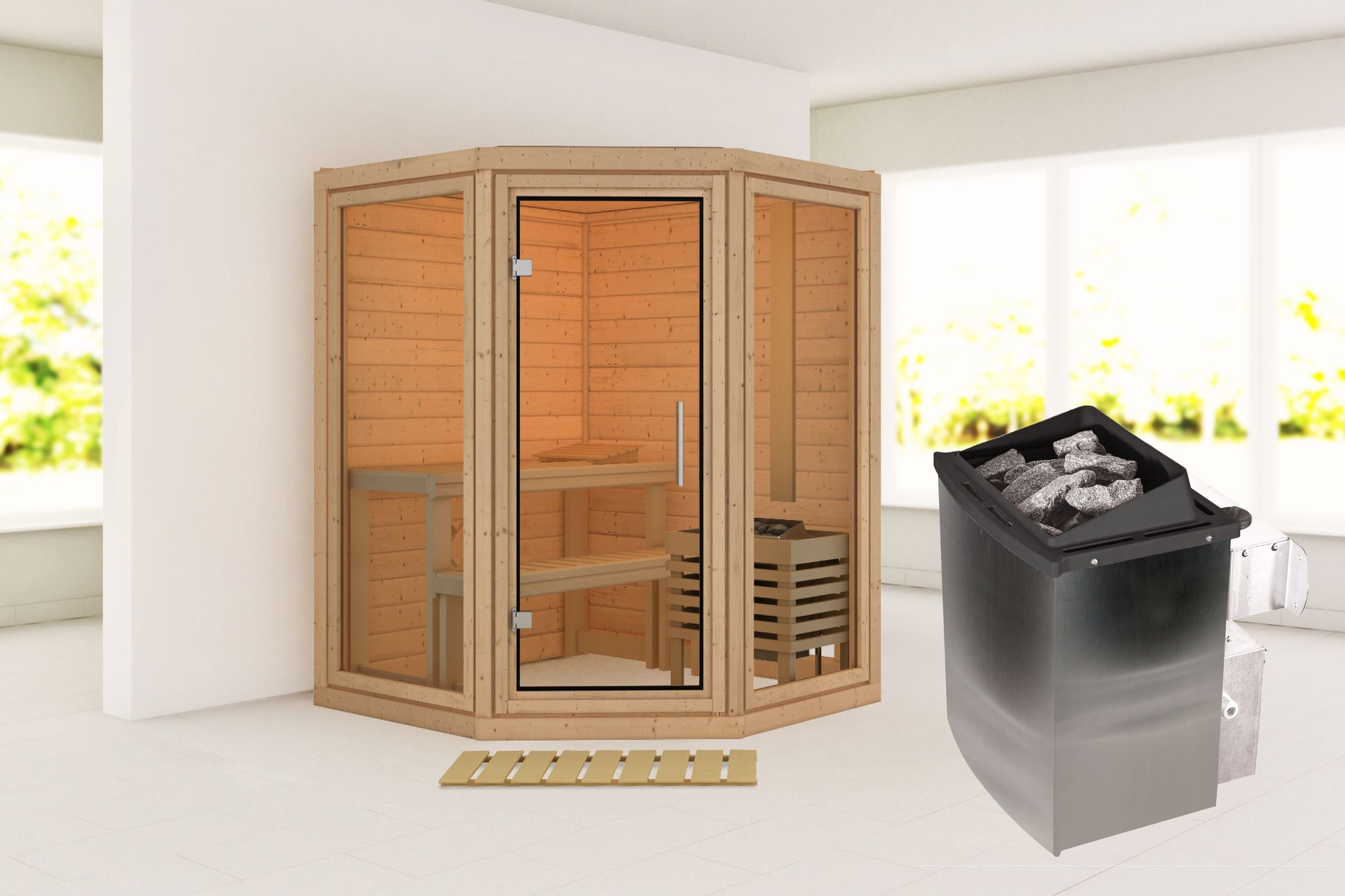 Karibu Sauna Yuma 38 mm, inkl. 9 kW Ofen integr. Steuerung