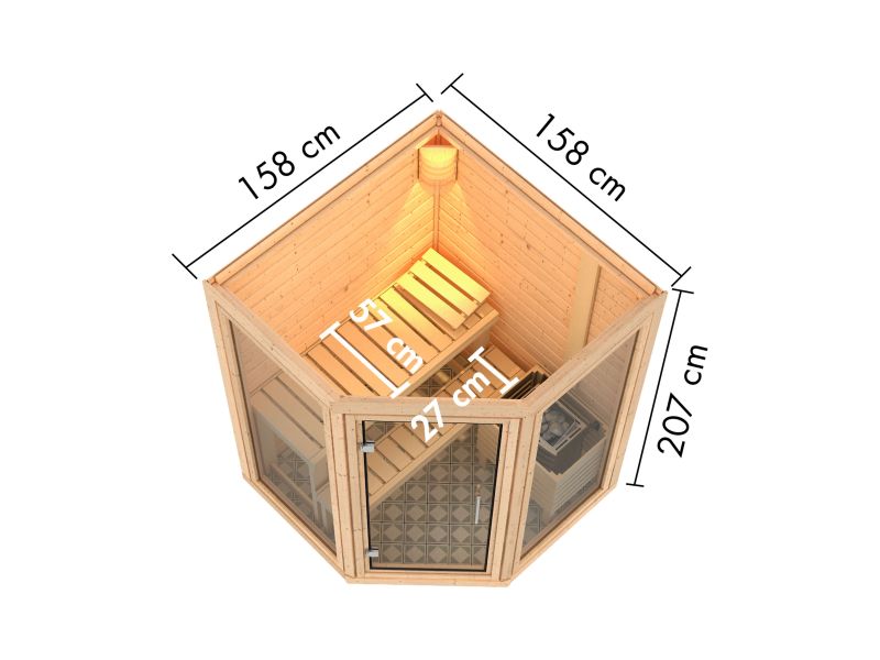Karibu Sauna Yuma, inkl. 9 kW Ofen integr. Steuerung, mit Klarglas Ganzglastür