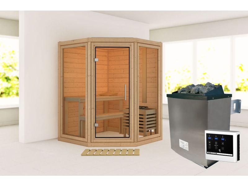 Karibu Sauna Yuma, inkl. 9 kW Ofen ext. Steuerung, mit Klarglas Ganzglastür