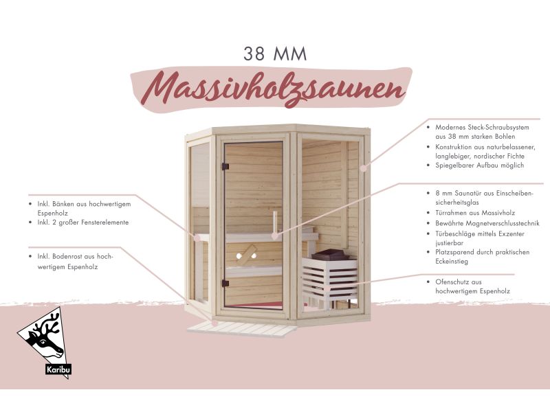 Karibu Sauna Yuma, ohne Ofen, inkl. Klarglas Ganzglastür