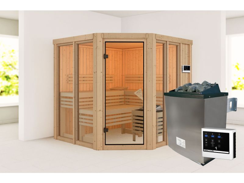 Karibu Sauna Airi, inkl. 9 kW Ofen ext. Steuerung - ohne Dachkranz -