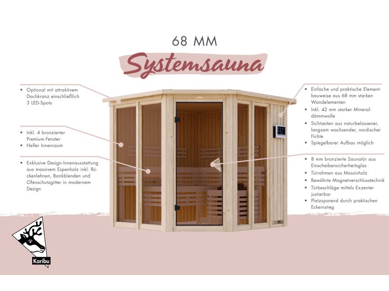 Karibu Sauna Airi, inkl. 9 kW Bioofen ext. Steuerung - ohne Dachkranz -